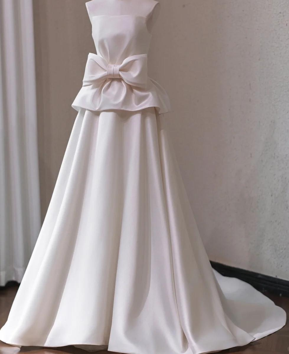 Elegant A-line Satin Long Wedding Dress Off-the-Shoulder Prom Dress TH131