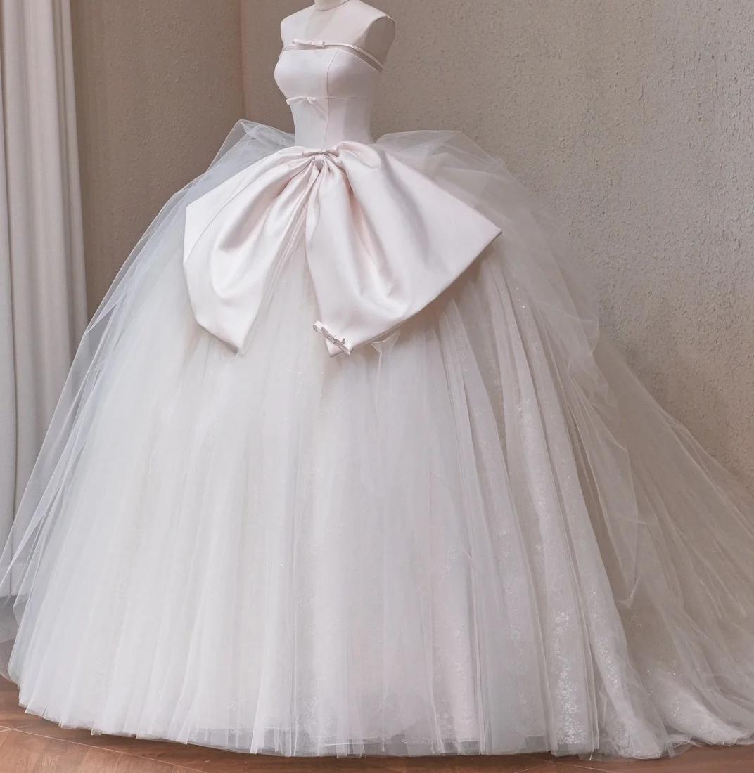 Elegant Ball Gown Tulle Long Wedding Dress Off-the-Shoulder Prom Dress TH133