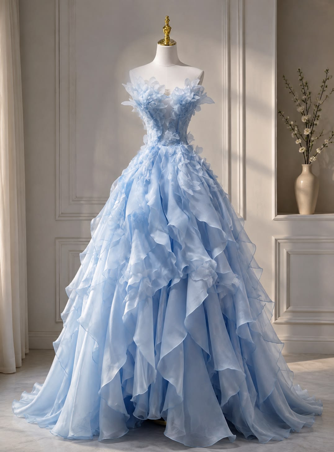Ethereal A-line Blue Pleated Long Evening Dress Sweetheart Tulle Prom Dress TH134