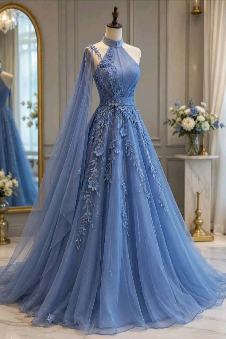 Ethereal A-line Blue Long Evening Dress Halter Neck Tulle Prom Dress TH135
