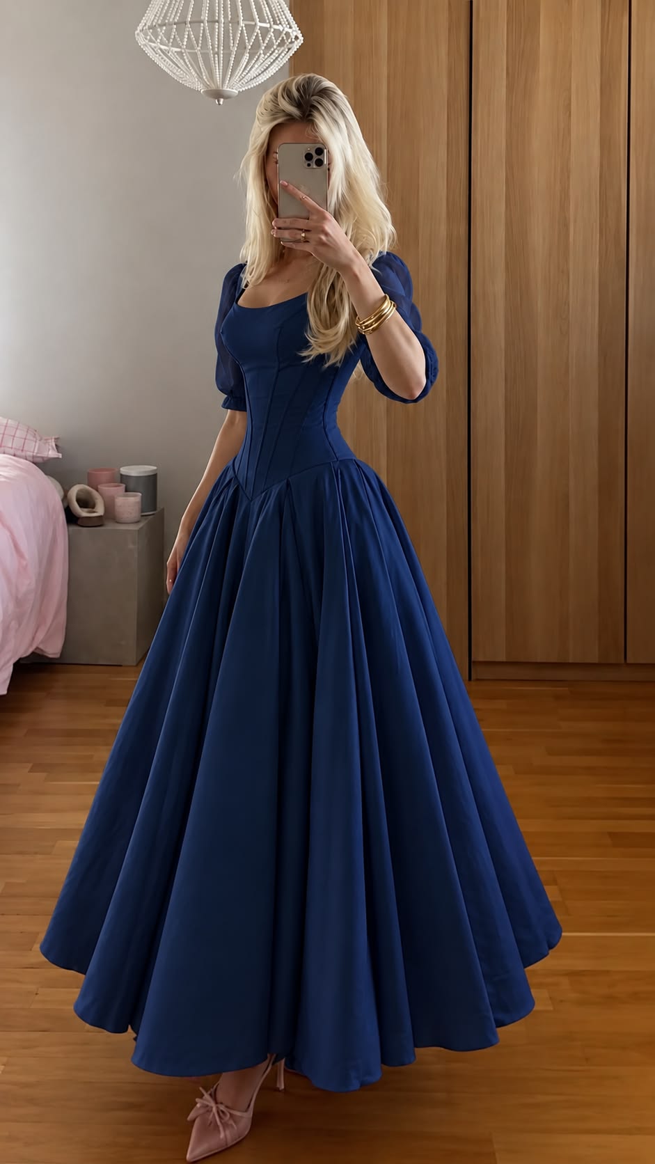 Elegant A-line Blue Long Evening Dress Round Neck Satin Prom Dress TH137