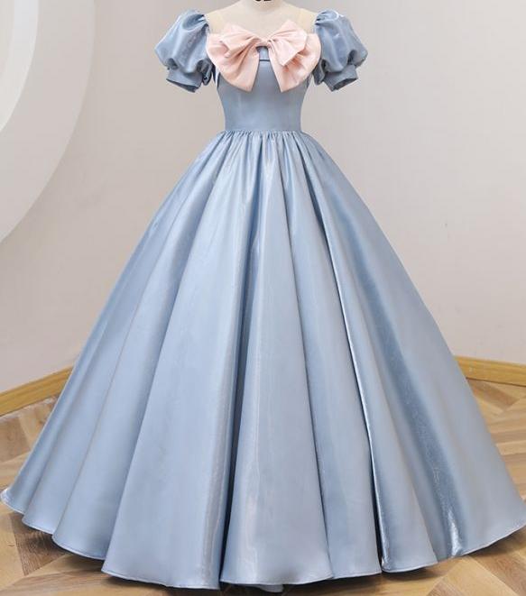 Elegant A-line Blue Pleated Long Evening Dress Square Neck Satin Prom Dress TH138