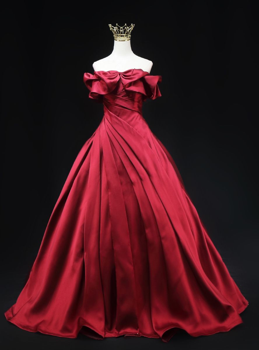 Elegant A-line Red Pleated Long Evening Dress Off-the-Shoulder Satin Prom Dress TH147