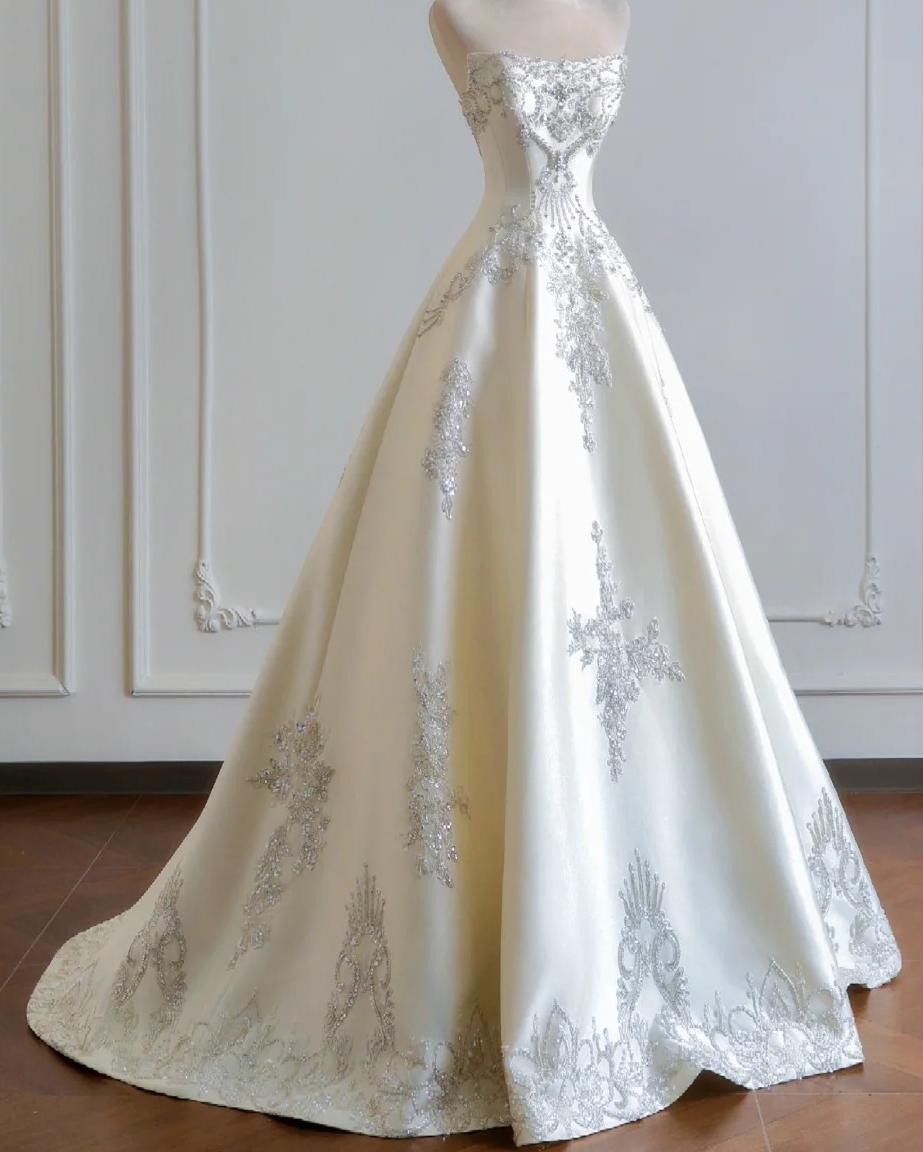 Elegant A-line Off-the-Shoulder Long Wedding Dress Embroidery Satin White Prom Dress TH155