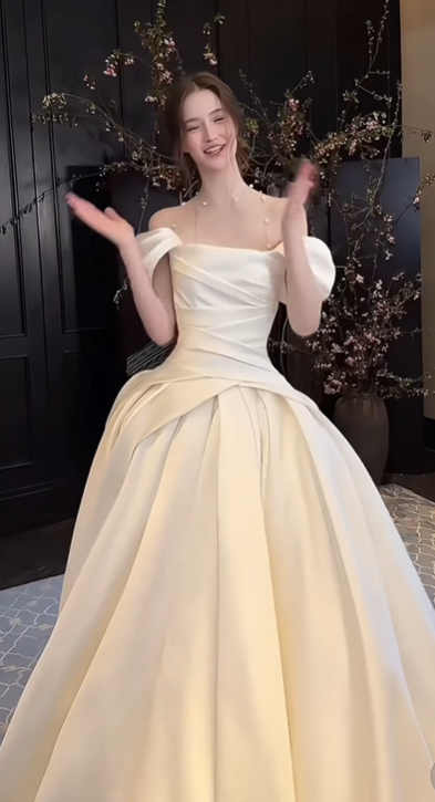Elegant A-line Off-the-Shoulder Long Wedding Dress Satin White Prom Dress TH160