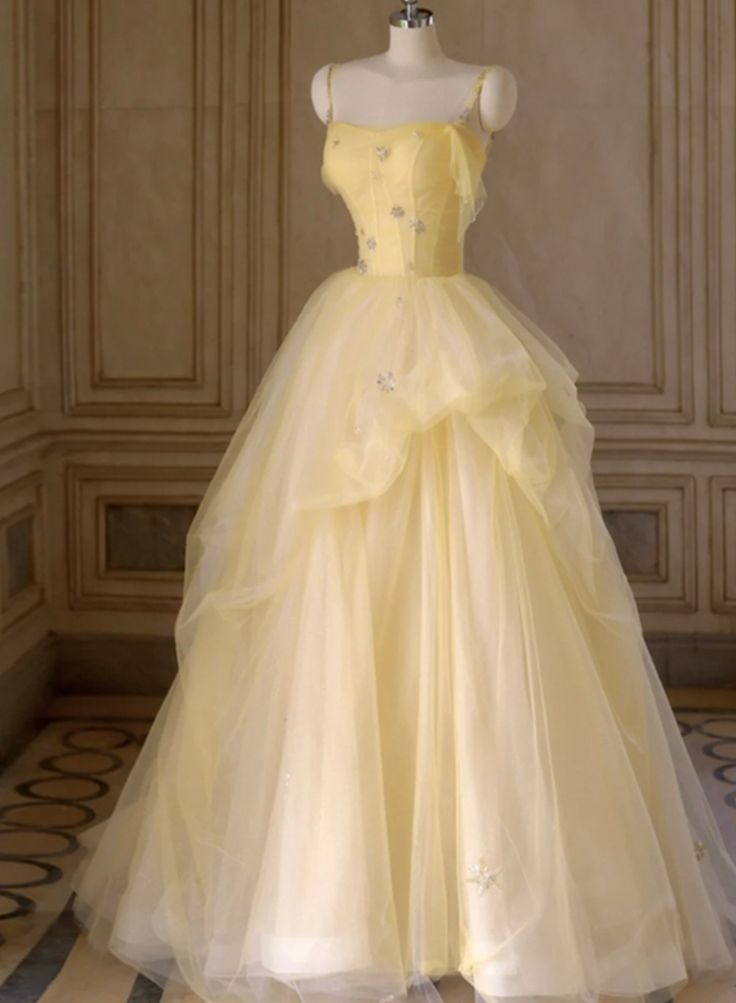 Elegant A-line Spaghetti Straps Yellow Long Evening Dress Tulle Prom Dress TH165