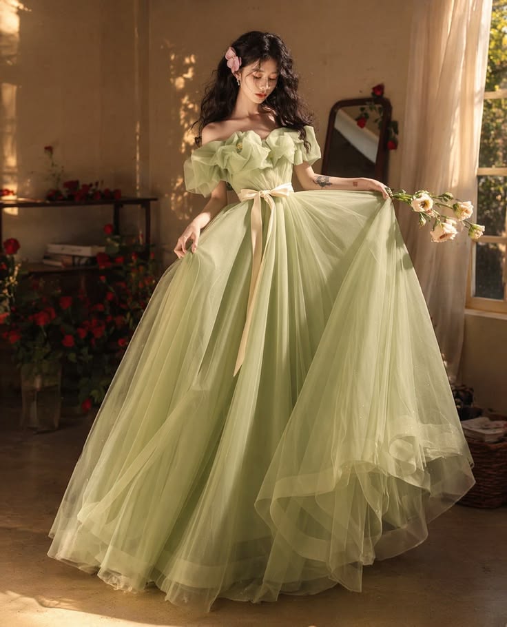 Ethereal A-line Off-the-Shoulder Green Long Evening Dress Tulle Prom Dress TH168