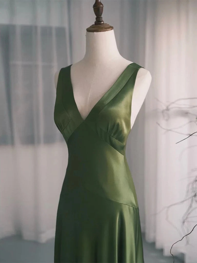 Simple V Neck Satin Green Long Prom Dress, Green Long Formal Dress TH176
