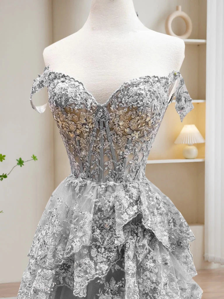 A-Line Off Shoulder Tulle Sequin Gray Long Prom Dress, Gray Long Evening Dress TH177