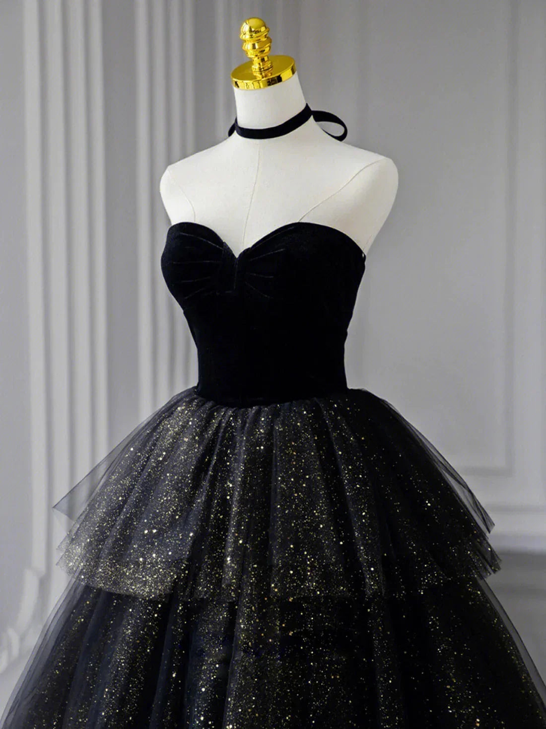 Sweetheart Neck Tulle Sequin Black Long Prom Dress, Black Formal Dress TH185
