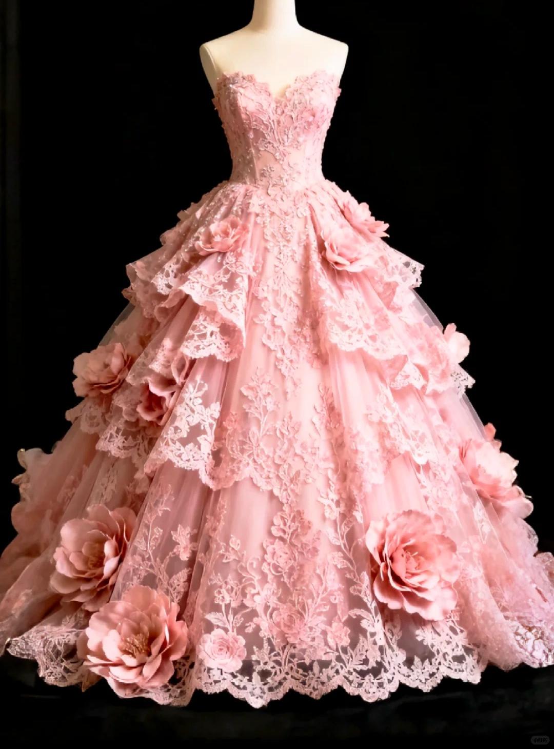 Ethereal A-line Sweetheart Pink Pleated Long Evening Dress Lace 3D fabric flower Prom Dress TH192