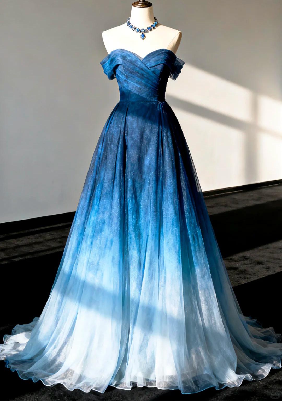 Ethereal A-line Off-the-Shoulder Blue Long Evening Dress Tulle Prom Dress TH201
