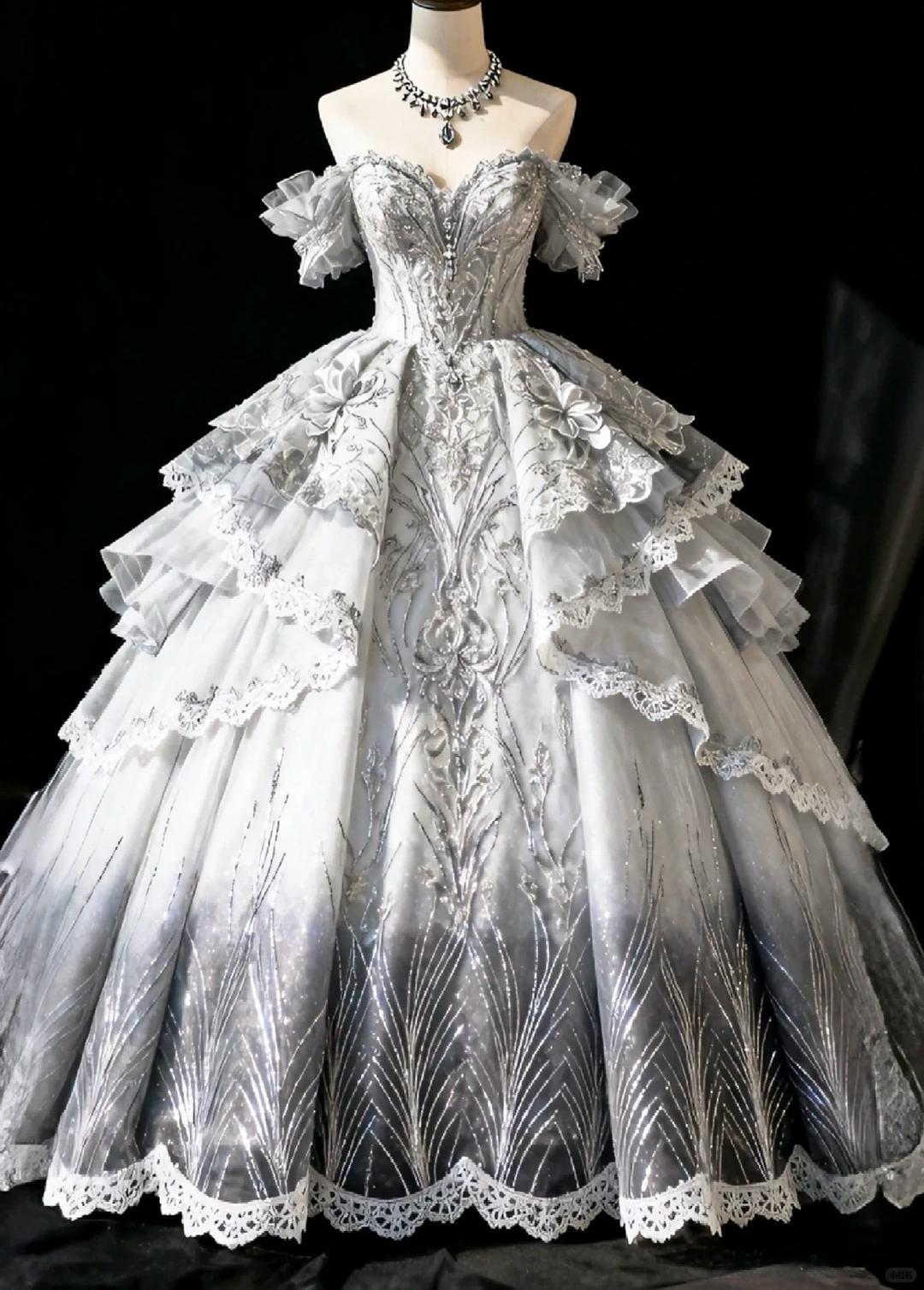 Ethereal Ball Gown Off-the-Shoulder Sliver Long Evening Dress Cascade Lace Prom Dress TH203