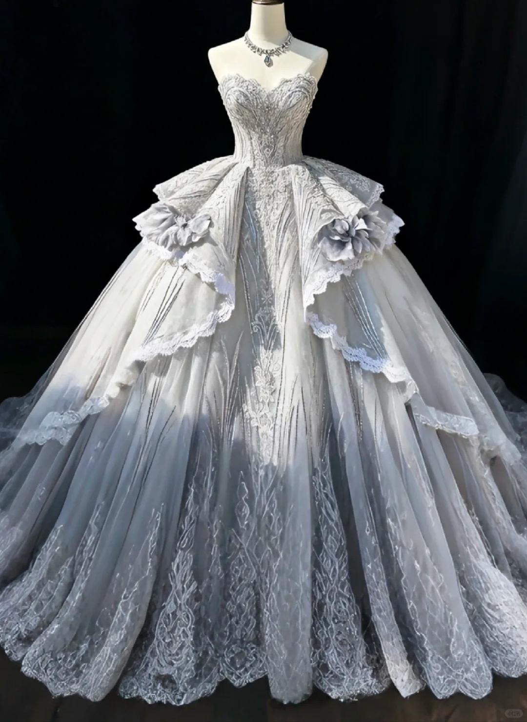 Ethereal Ball Gown Sweetheart Sliver Long Evening Dress Cascade Lace Prom Dress TH204