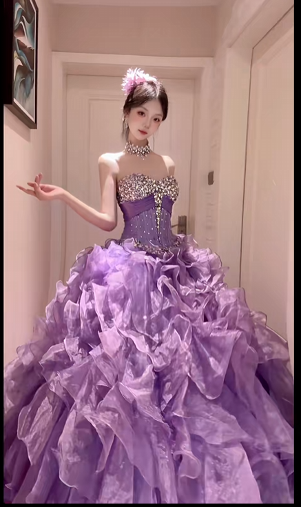 Elegant Ball Gown Off-the-Shoulder Purple Long Evening Dress Beaded Pleated Tulle Prom Dress TH218