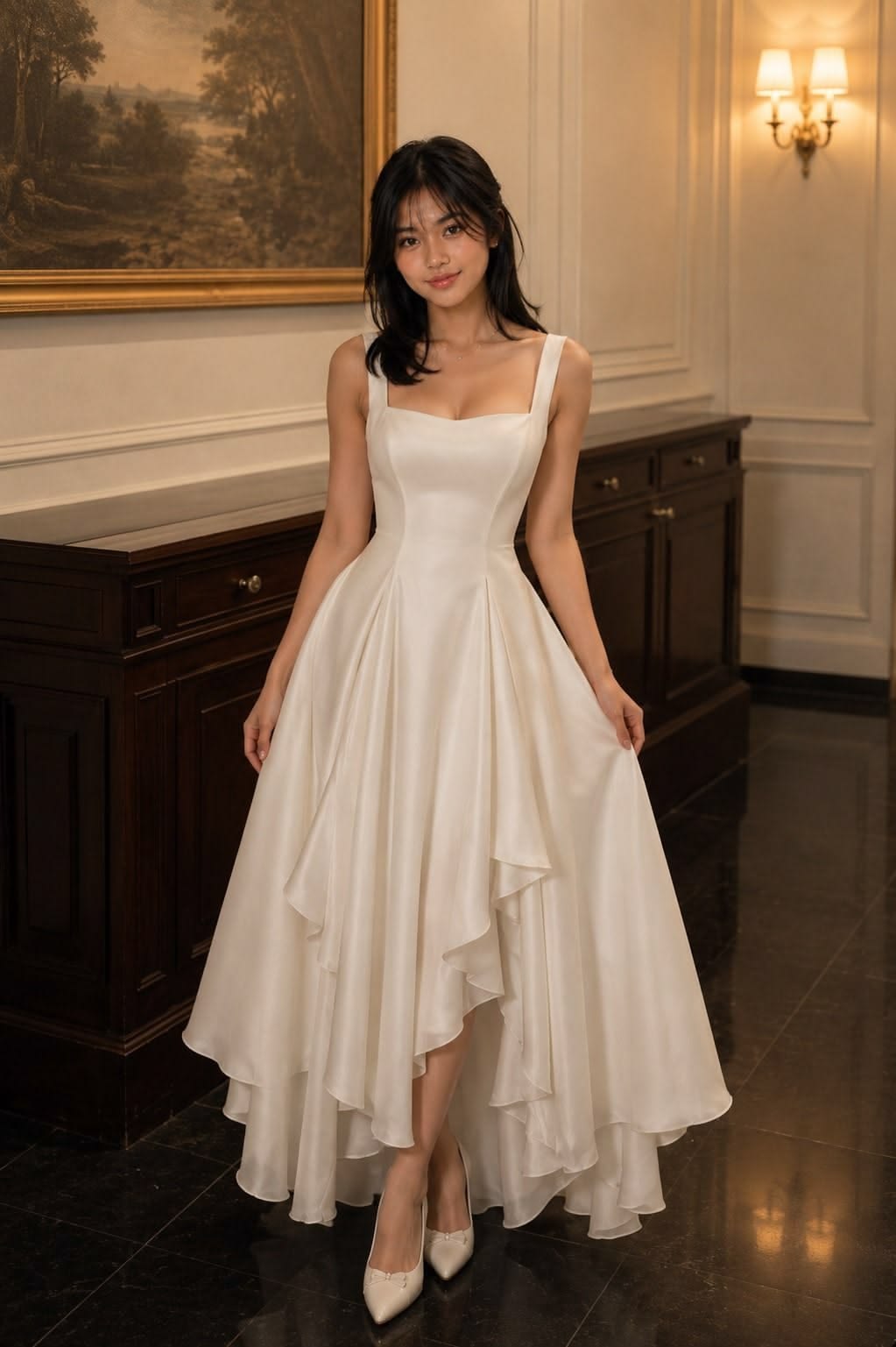 Elegant A-line Square Neck Long Wedding Dress Ruffled Satin White Prom Dress TH221