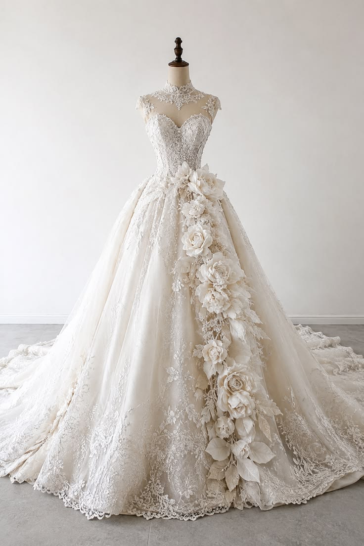 Elegant A-line Sweetheart Long Wedding Dress 3D Appliqué Flowers Lace White Prom Dress TH224