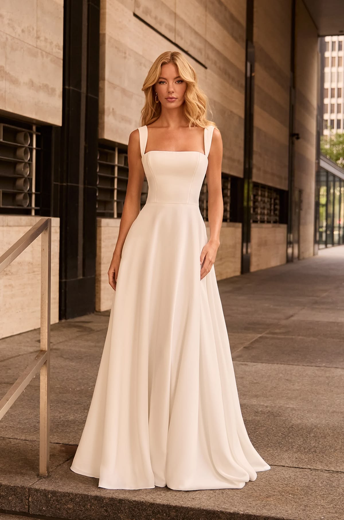 Elegant A-line Square Neck Long Wedding Dress Satin White Prom Dress TH230