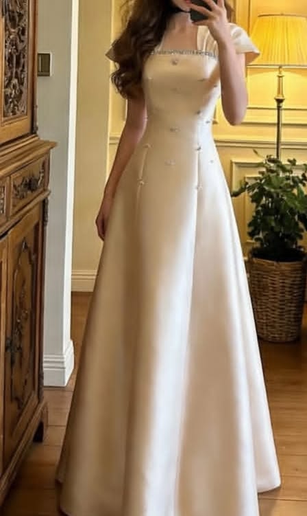 Elegant A-line Square Neck Long Wedding Dress Beaded Satin White Prom Dress TH232