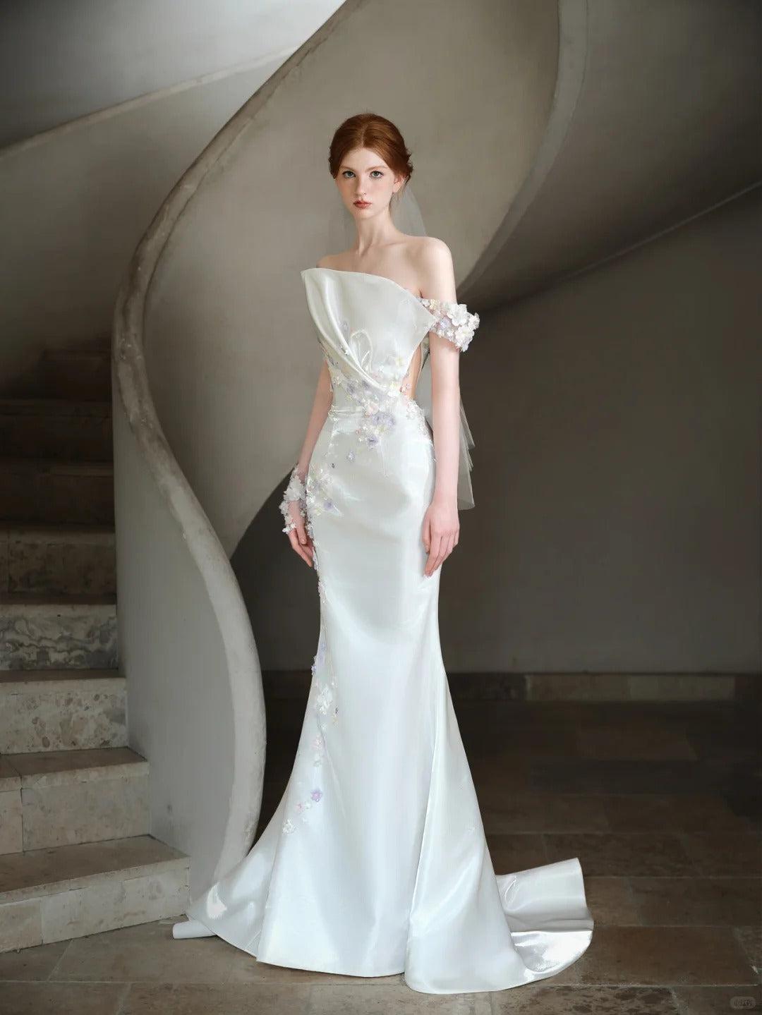 Elegant Mermaid Off-the-Shoulder Long Wedding Dress Satin White Prom Dress TH234