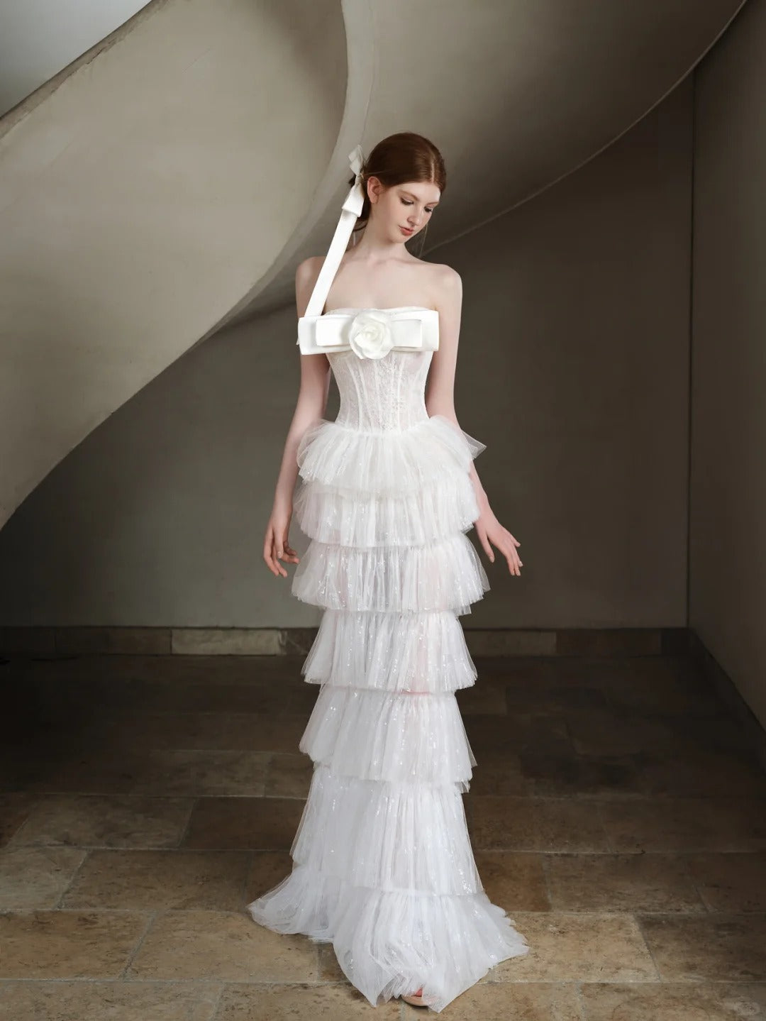 Elegant Sheath Off-the-Shoulder Long Wedding Dress Cascade Tulle White Prom Dress TH235