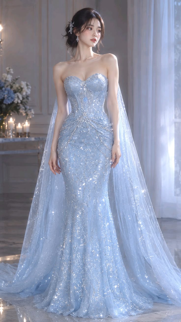 Ethereal Sheath Sweetheart Blue Long Evening Dress Beaded Tulle Prom Dress TH238