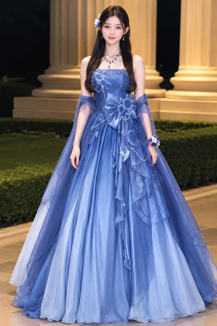 Elegant A-line Off-the-Shoulder Blue Long Evening Dress 3D Appliqué Flowers Tulle Prom Dress TH242