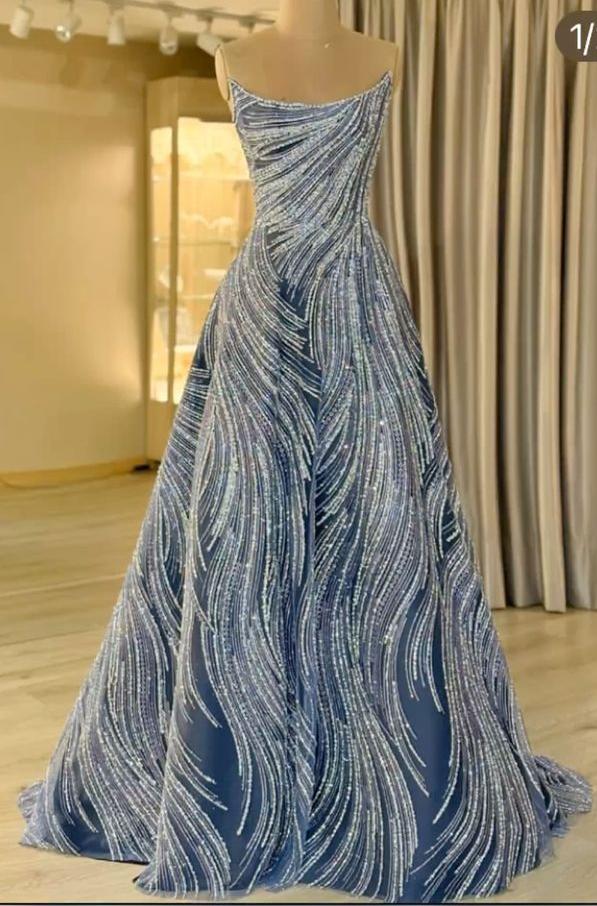 Elegant A-line Off-the-Shoulder Blue Long Evening Dress Beaded Tulle Prom Dress TH243
