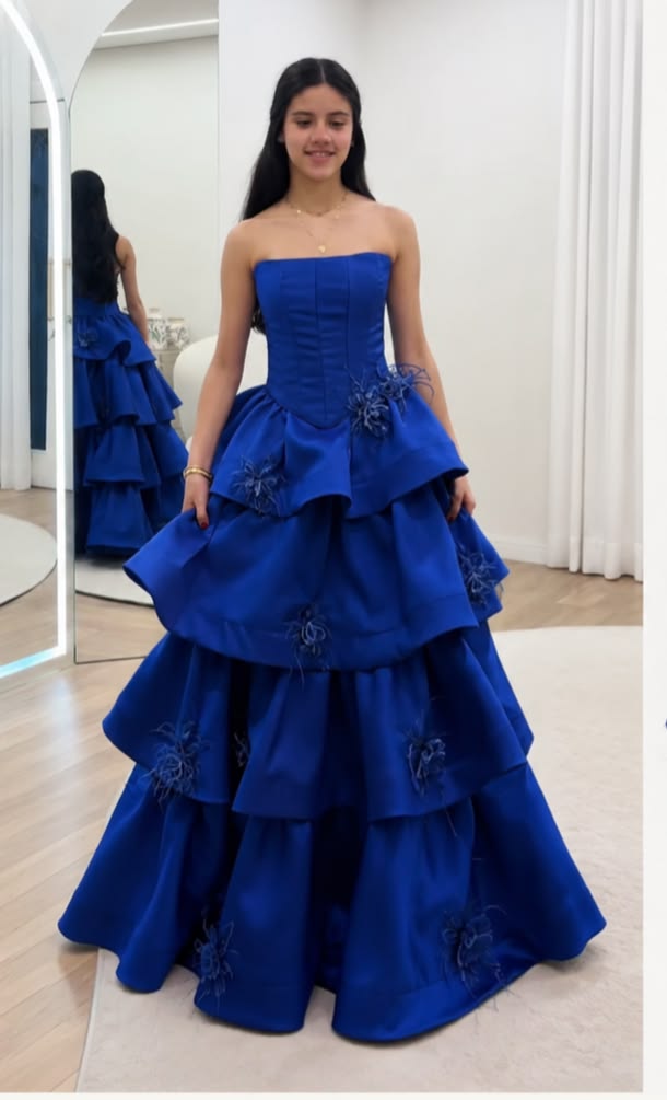 Elegant A-line Off-the-Shoulder Blue Long Evening Dress Cascade Tulle Prom Dress TH244