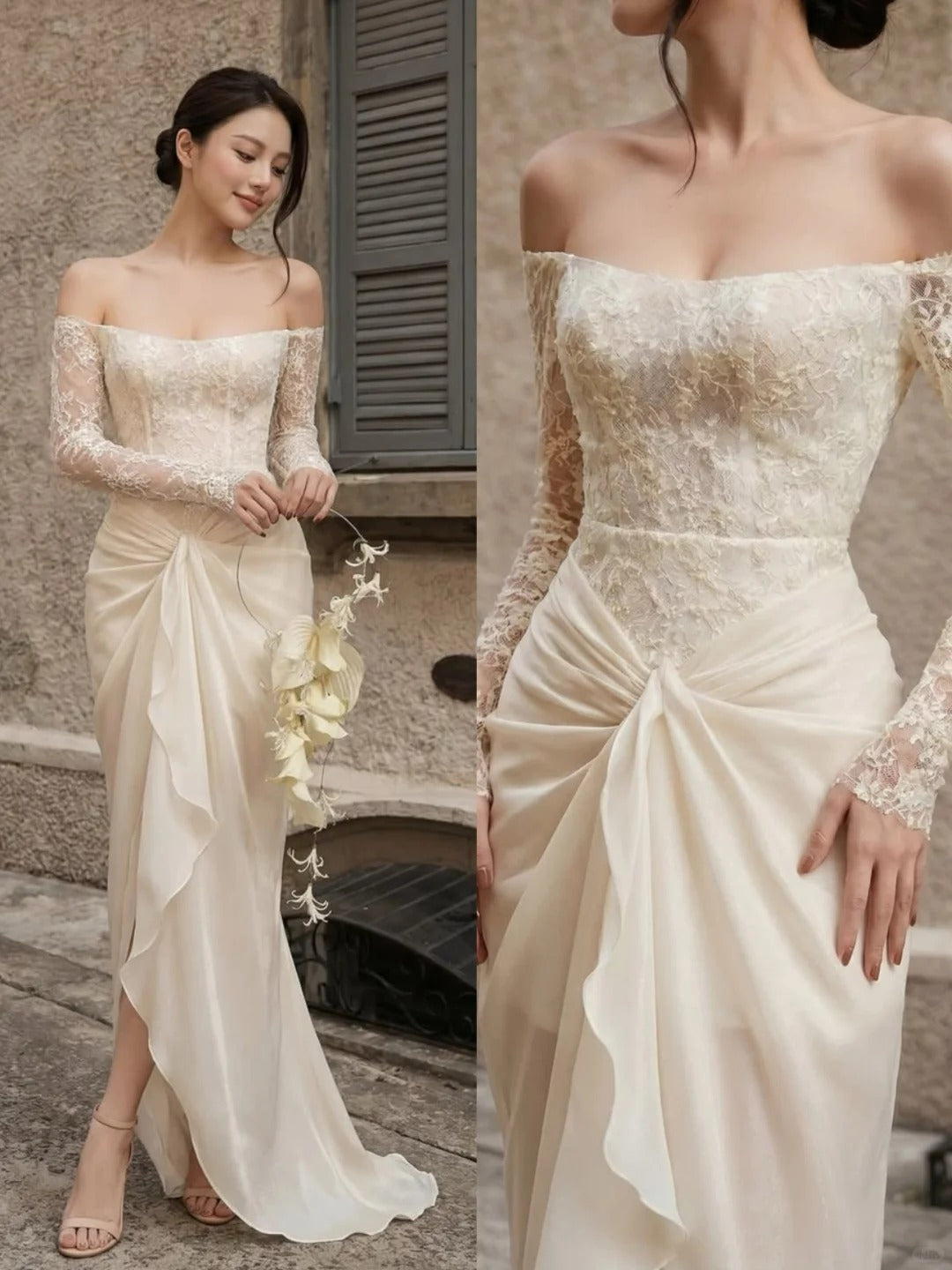 Elegant Sheath Off-the-Shoulder Long Wedding Dress Lace High Slit White Prom Dress TH250