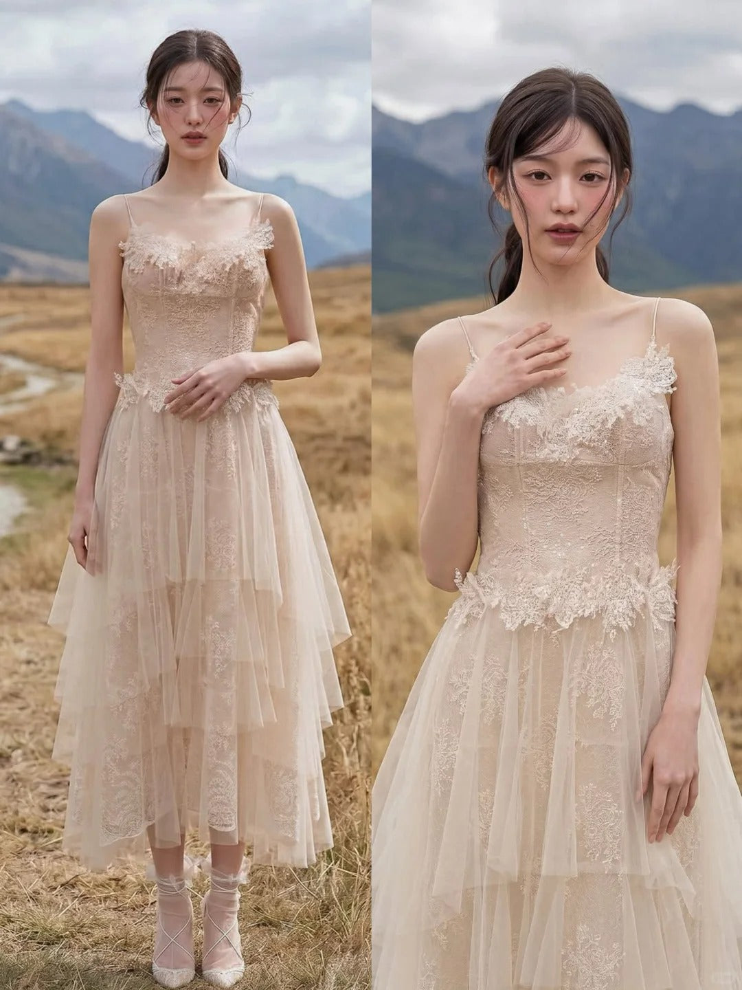 Elegant A-line Spaghetti Straps Long Wedding Dress Lace Champagne Prom Dress TH251