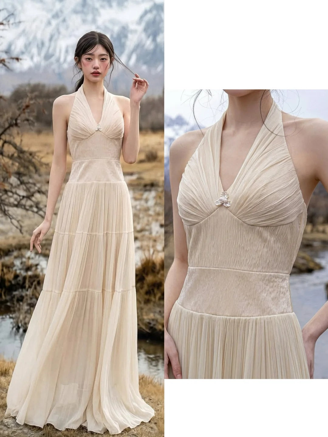 Elegant A-line Halter Neck Long Wedding Dress Chiffon Champagne Prom Dress TH252