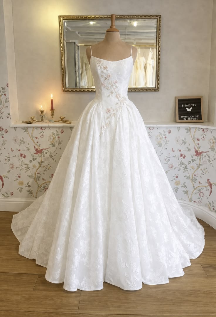Elegant A-line Spaghetti Straps Long Wedding Dress Embroidery Lace White Prom Dress TH259