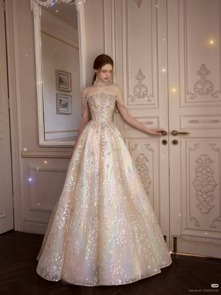 Elegant A-line Off-the-Shoulder Long Wedding Dress Beaded Tulle Champagne Prom Dress TH260