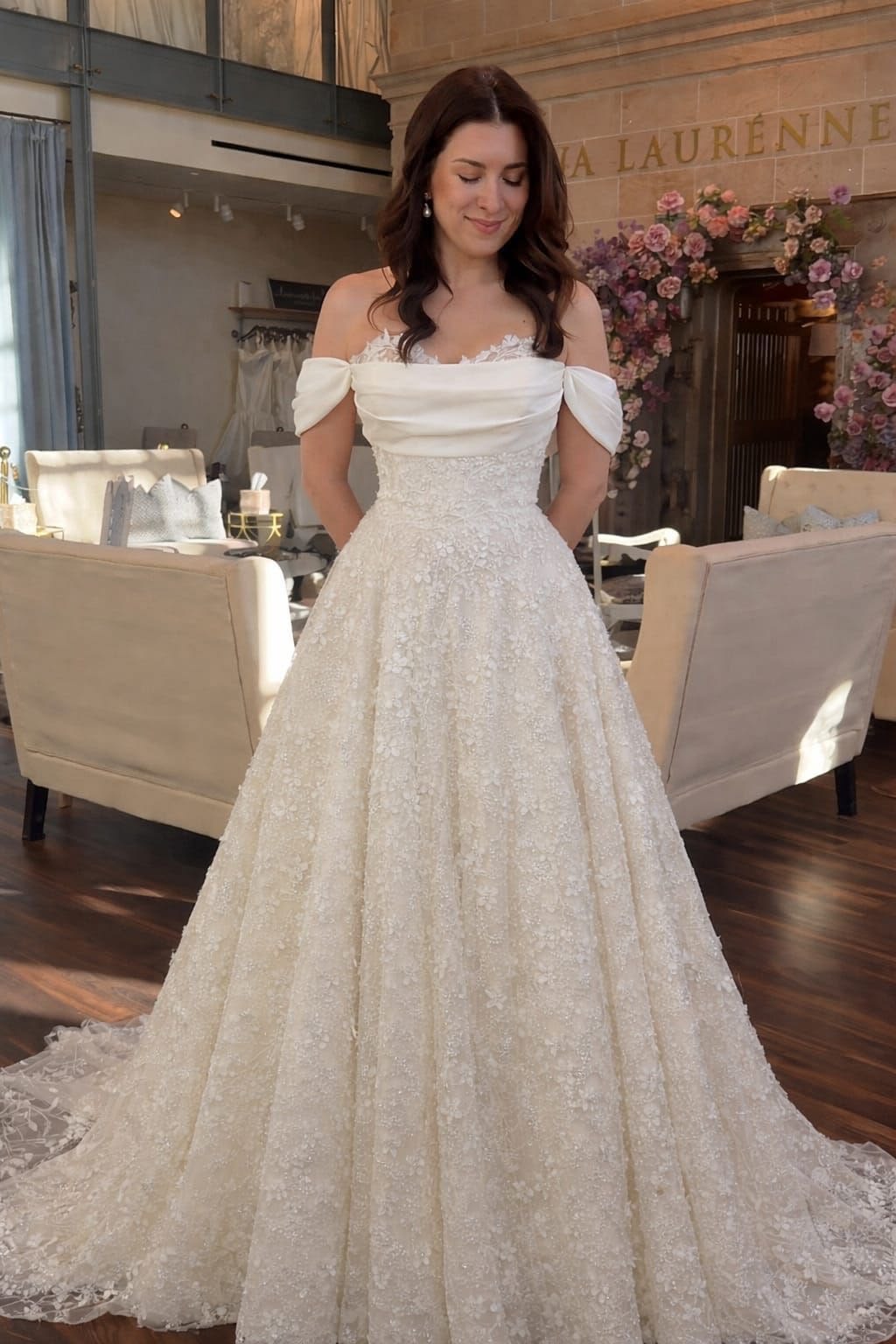 Elegant A-line Off-the-Shoulder Long Wedding Dress Lace White Prom Dress TH261