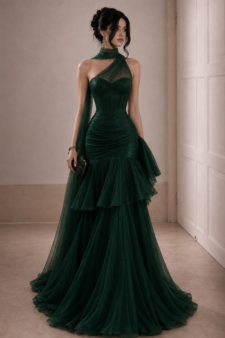Elegant A-line One-the-Shoulder Dark Green Long Evening Dress Tulle Prom Dress TH267