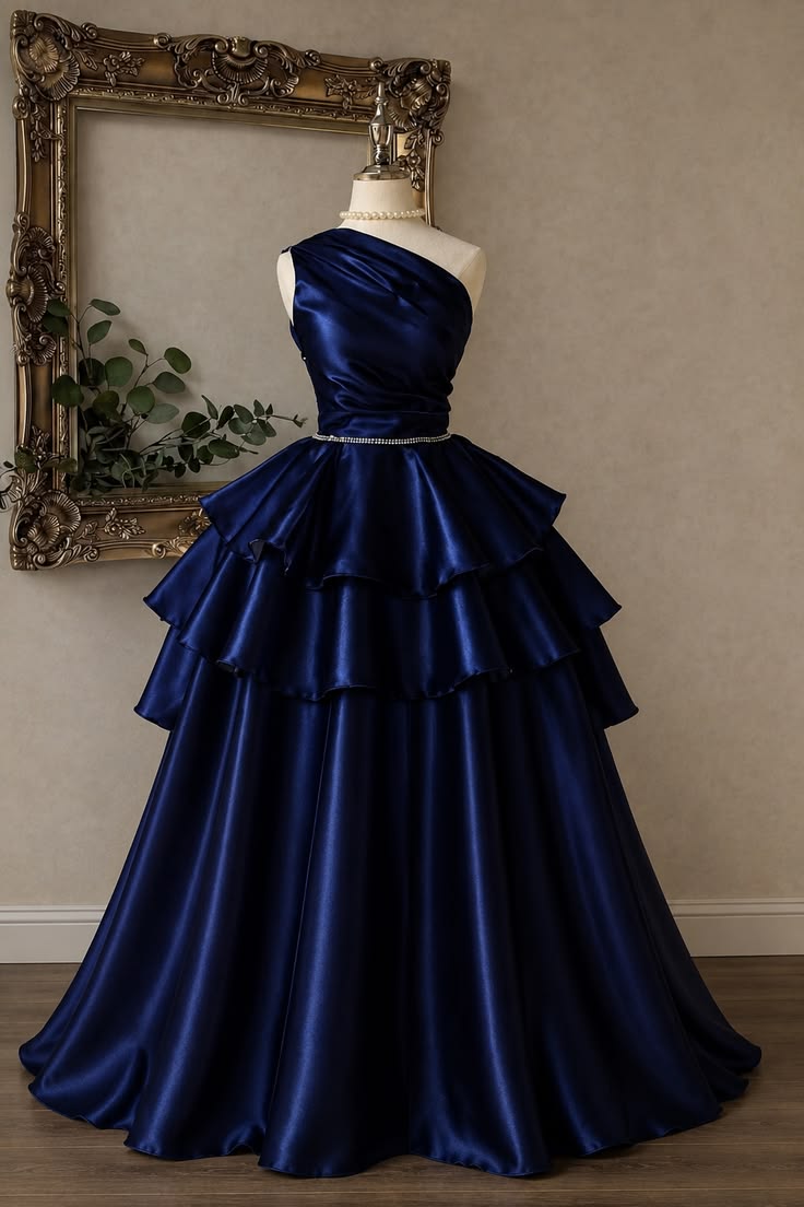 Elegant A-line One-the-Shoulder Dark Blue Long Evening Dress Satin Prom Dress TH268