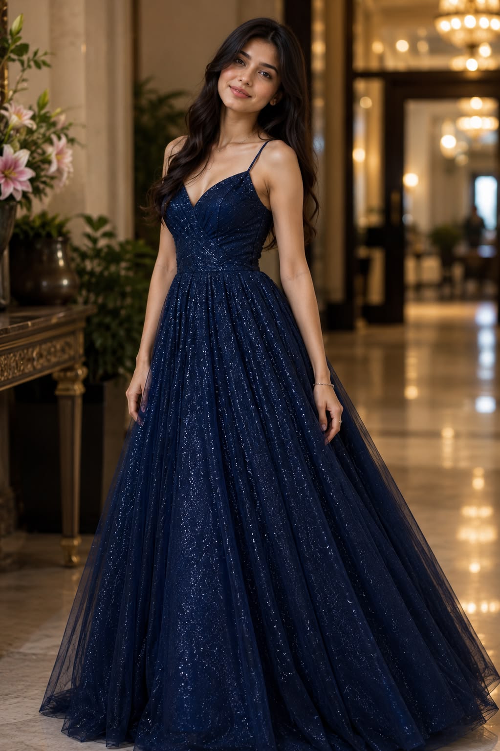 Elegant A-line V Neck Dark Blue Long Evening Dress Tulle Prom Dress TH270