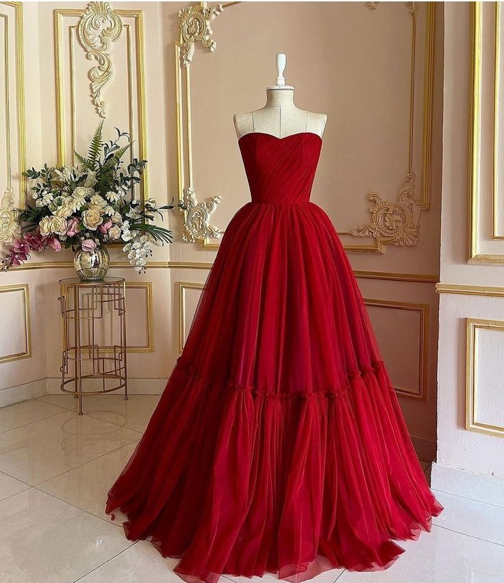 Elegant A-line Sweetheart Red Long Evening Dress Chiffon Prom Dress TH273