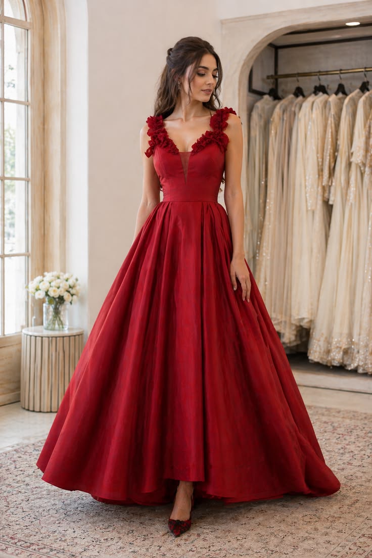 Elegant A-line V Neck Red Long Evening Dress Satin Prom Dress TH274