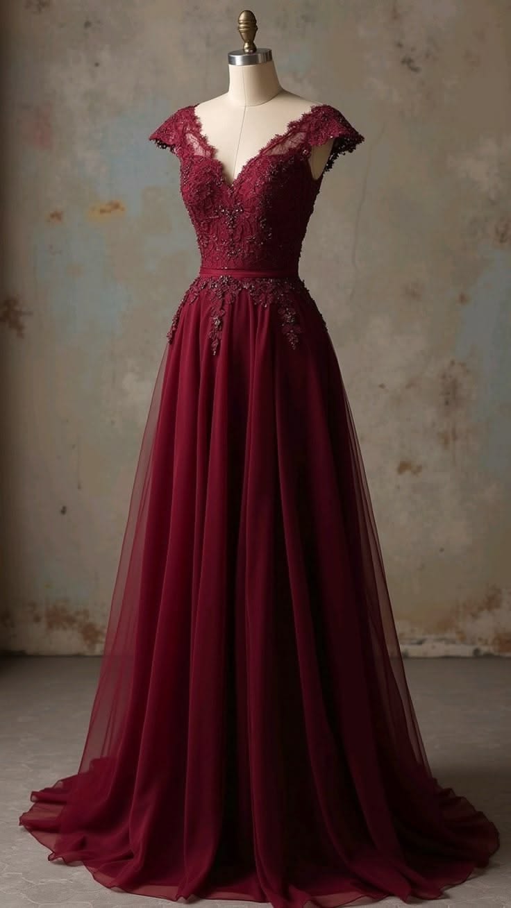Elegant A-line V Neck Red Long Evening Dress Beaded Tulle Prom Dress TH275
