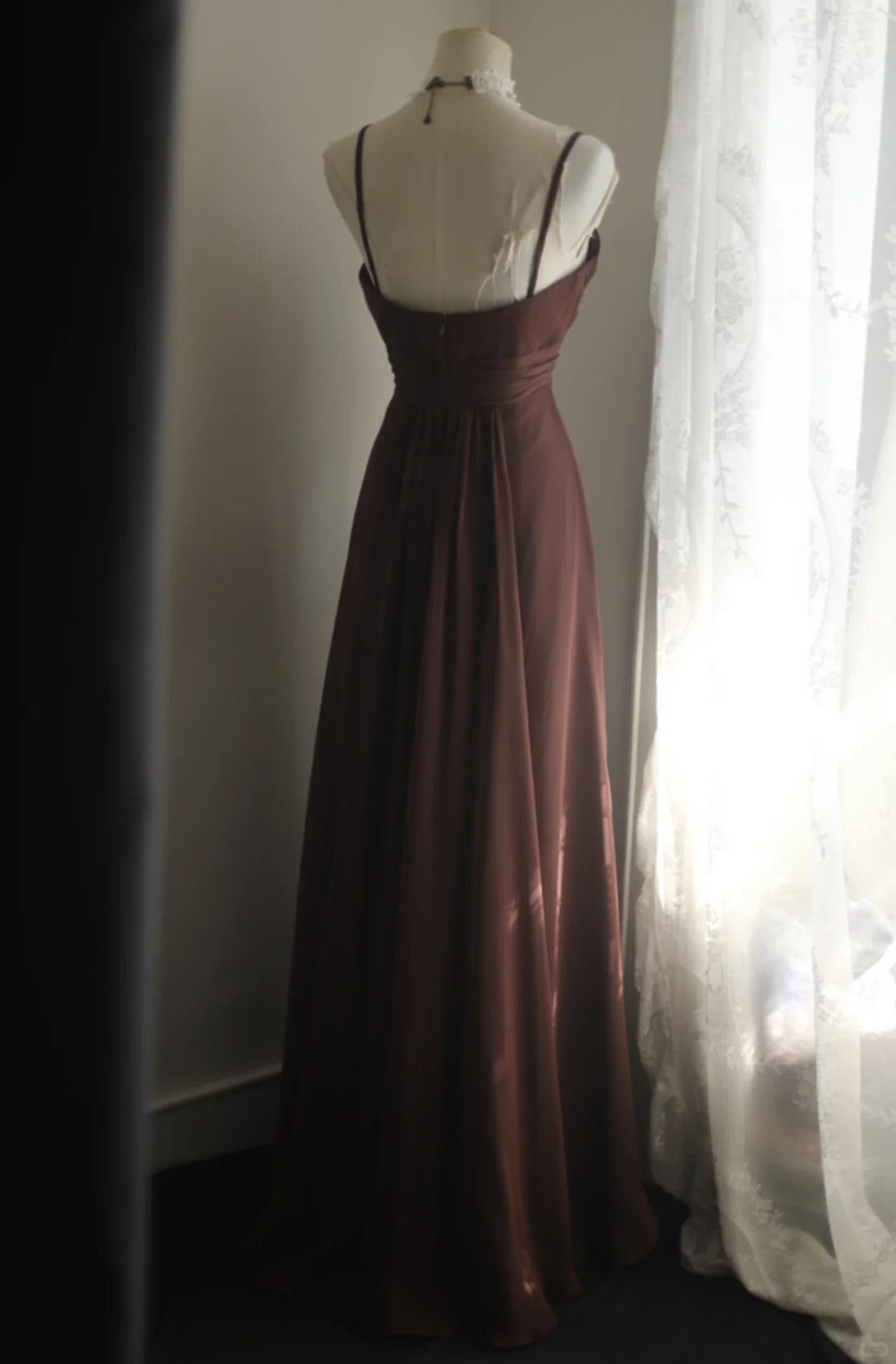 Elegant Sheath Spaghetti Straps Brown Long Evening Dress Satin Prom Dress TH279