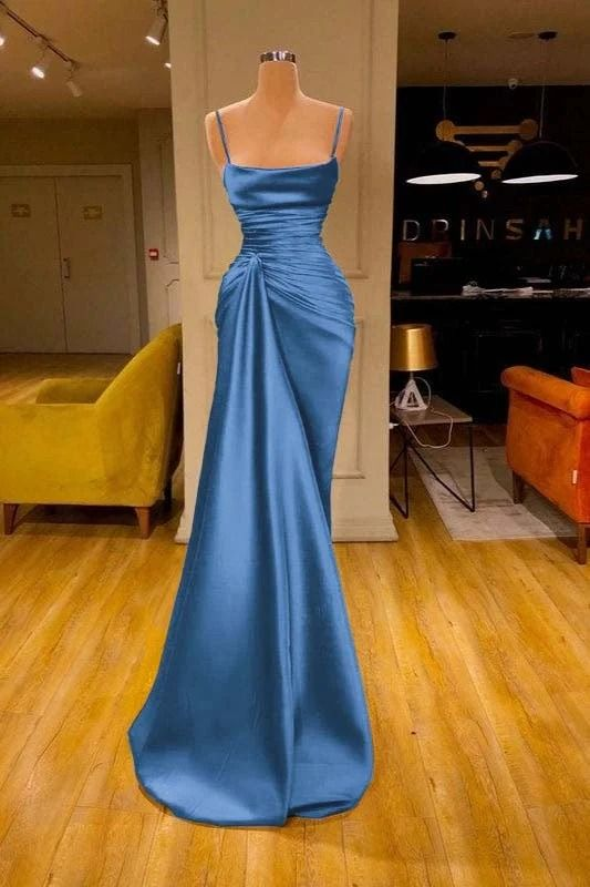 Blue Satin Spaghetti-Strap Mermaid Prom Dress TH288