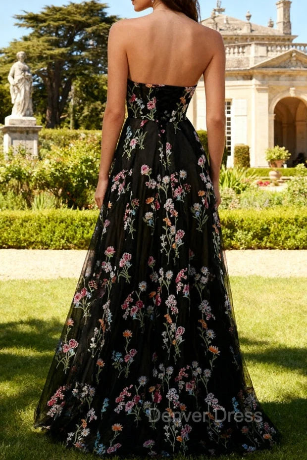 Strapless Black Floral A Line Long Prom Dress TH289