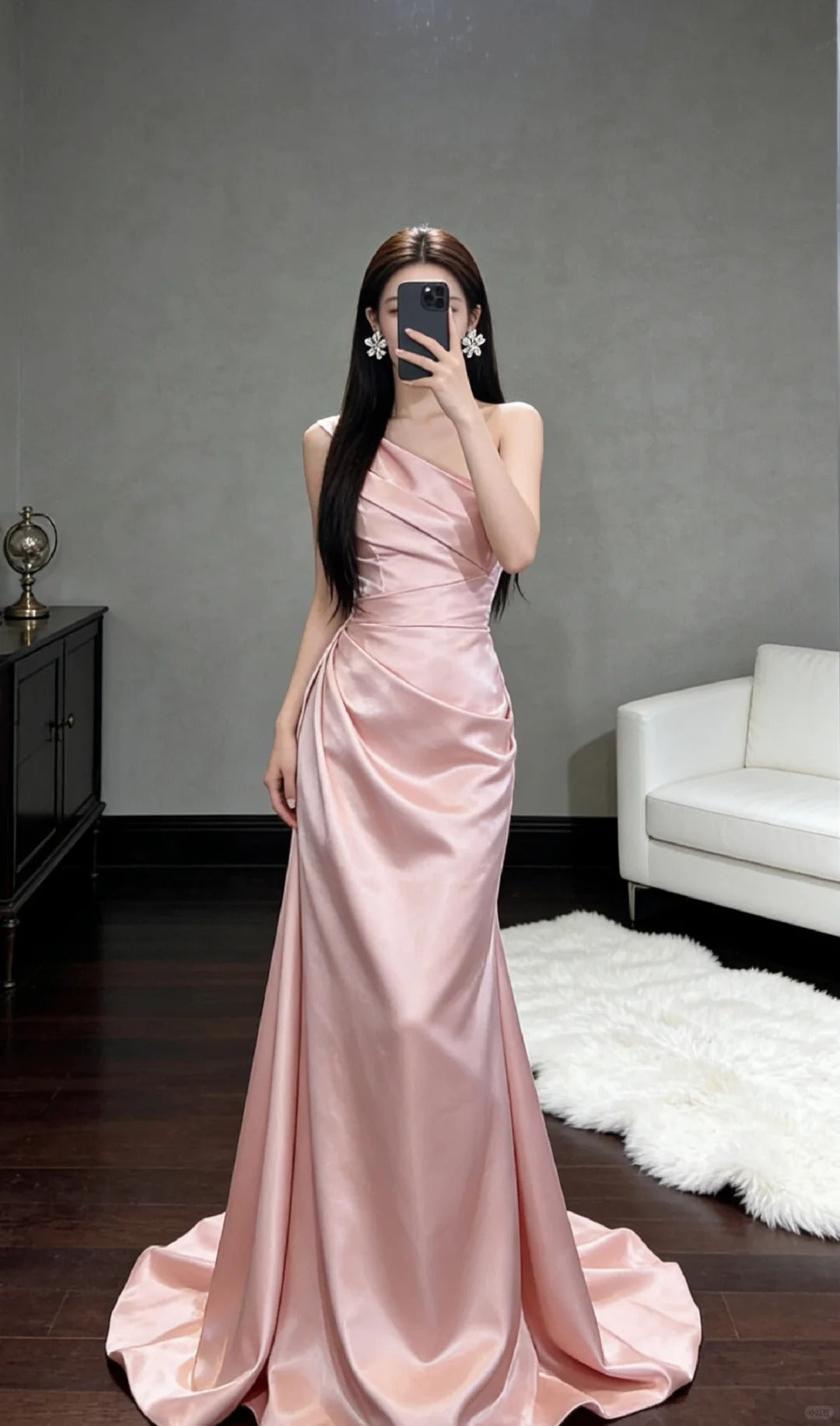 Beautiful Sheath One-the-Shoulder Pink Evening Dress Satin Prom Dress TH294