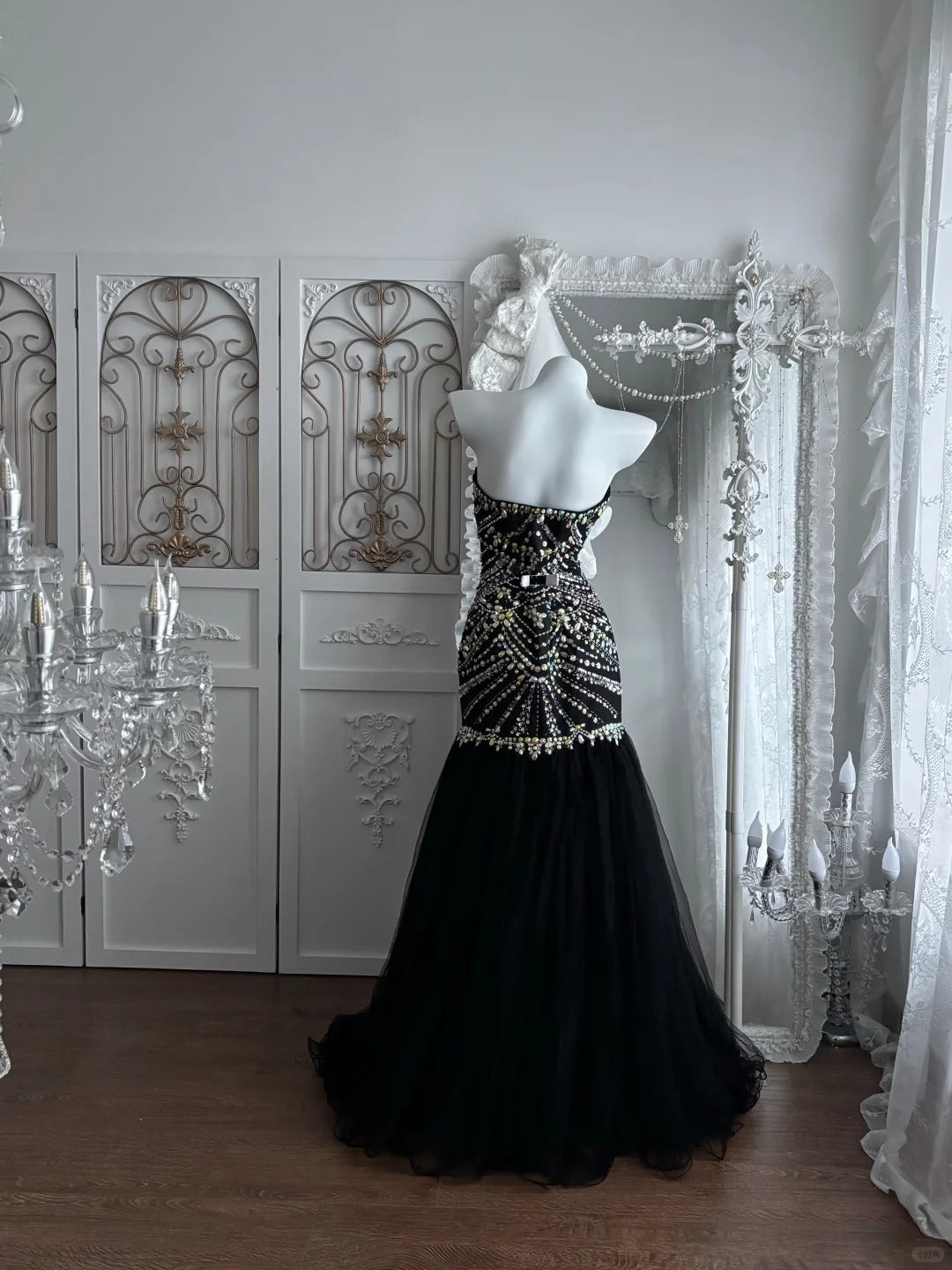 Beautiful Sheath Sweetheart Neck Dark Black Evening Dress Beaded Tulle Prom Dress TH299