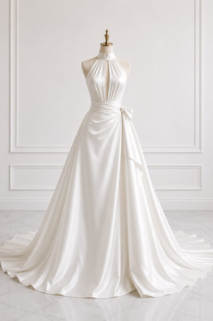 Elegant A-line Halter Neck Long Wedding Dress Satin White Prom Dress TH307