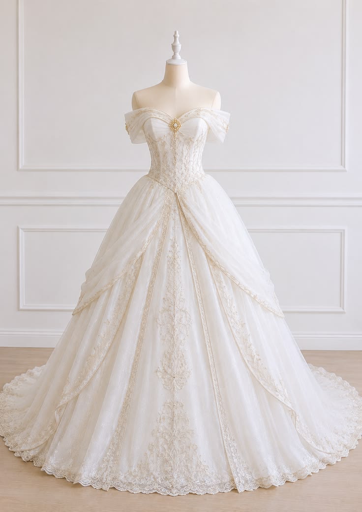 Elegant Ball Gown Off-the-Shoulder Long Wedding Dress Lace White Prom Dress TH309