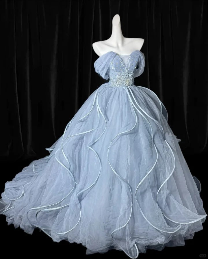 Beautiful Ball Gown Off-the-Shoulder Blue Evening Dress Tulle Prom Dress TH327