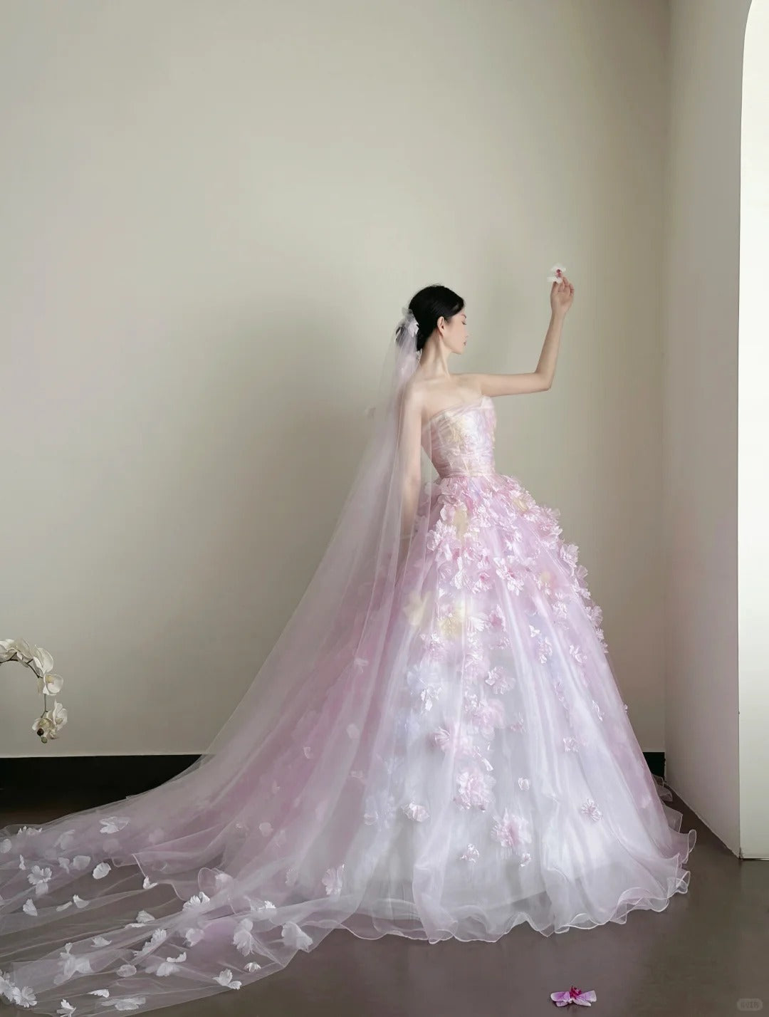 Beautiful Ball Gown Off-the-Shoulder Pink Evening Dress 3D fabric appliqué Tulle Prom Dress TH328